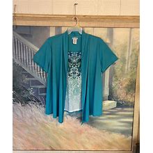 Women's Plus Size Short Sleeve Floral Top W/Attached Cardigan By Blair