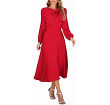 Snowsong Long Sleeve Dress,Long Sleeve Dress Womens Solid Color Long Sleeve Bow Vintage Dress Maxi Dress,Elegant Dresses,Work Dresses Red Dress M