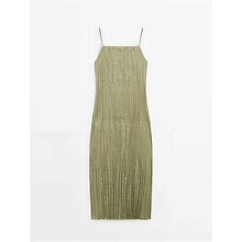 MASSIMO DUTTI Linen Blend Pleated Strappy Dress Apple Green