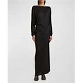 Khaite Oron Long-Sleeve Asymmetric Gathered Maxi Dress, Black, Women's, S, Casual & Work Dresses Maxi Dresses