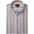 Linen Multi Stripe Long Sleeve Shirt With Button Down Collar In Blue And Khaki (Size Large) By Scott Barber