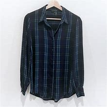 1. State Tops | 1. State Women's Navy & Teal/Green Plaid Button-Down Casual Dress Shirt Size Xs | Color: Blue/Green | Size: Xs