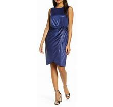 Donna Ricco Ruched Sleeveless Metallic Knit Faux Wrap Dress Blue Size 4