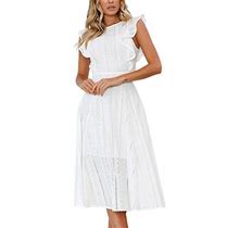 ECOWISH Womens Dresses Elegant Ruffles Cap Sleeves Summer A-Line Midi Dress White S