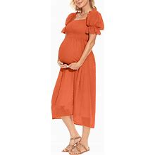 Puff Sleeve Swiss Dot Maternity Dress/Square Neck Smoked Midi Dress Summer Baby Shower