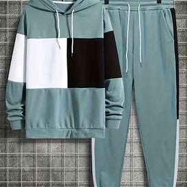 Men's Color Block 2Pcs Outfits, Casual Hoodies, Pullover Long Sleeve Hooded Sweatshirt And Sweatpants Joggers Set For,Military Blue,All-New,Temu