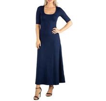 24Seven Comfort Apparel Women's Elbow Sleeve A-Line Maxi Dress, Navy Blue, Large