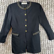 Womens 10 Vtg Lavantino Black Embellished Blazer Jacket 100% Wool Gold