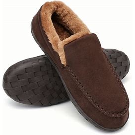 Men's Moccasins Slippers, Comfy Breathable Non-Slip Indoor Slippers With Fuzzy Lining,Dark Grey,Temu