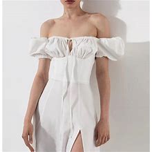 Puffy Sleeve Off The Shoulder Halter Dress-White 2X Plus Size