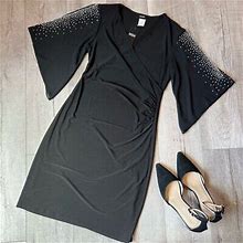 Msk Black Beaded 3/4 Sheer Angel Sleeve Side Ruched Dress | Size: