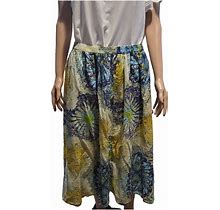 Serengeti Sz L Yellow Blues Floral Pull On Elastic Midi Skirt Cotton