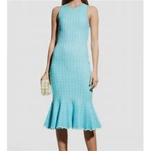 $420 Shoshanna Women's Blue Avalon Dotted Knit Flounce Dress Midi