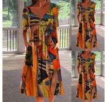 Daetiros Casual Dresses For Women- Short Sleeve Vintage Round Neck O Neck Midi Dresses Orange Size S