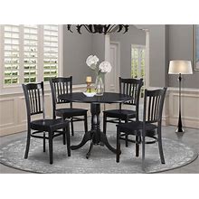 East West Furniture Dublin 5 Piece Room Set Includes A Round Dining Table With Dropleaf And 4 Wood Seat Chairs, 42X42 Inch, Black