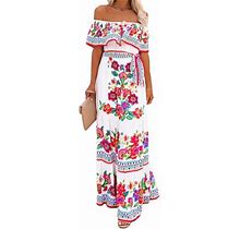 Frontwalk Dresses For Womens Boho Floral Maxi Dress Off Shoulder Summer Long Dress Ruffle Flared Dress Casual Loose Beach Dress