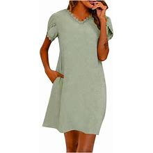 Summer Savings Clearance 2024! Tagold Womens Summer Dress, Fashion Women Summer Casual V-Neck Solid Short Sleeve Loose Dress Green L