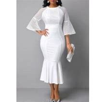 Women's White Crochet Flare Sleeve Mermaid Hem Sheath Cocktail Party Dress Solid Color Three Quarter Sleeve Midi Dress By Rosewe Round Neck - L