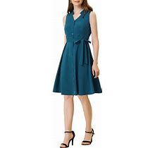Allegra K Women's Solid Sleeveless V Neck Summer Midi Button Front Tie Waist Midi Dress