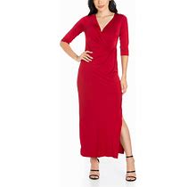 Women's Fitted V-Neck Side Slit Maxi Dress - Burgundy