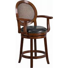 Merrick Lane Mathieu Swivel Stool With Oval Rattan Back, Arms And Upholstered Swivel Seat, Grey
