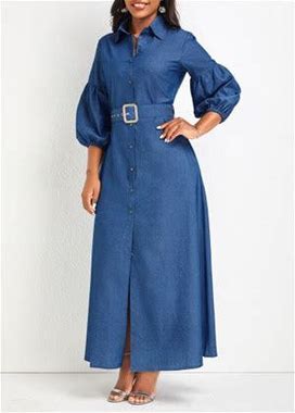 Rosewe Button Belted Denim Blue Shirt Collar Maxi Dress - M