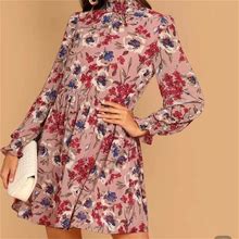 Shein Dresses | Floral Long Sleeve Babydoll Dress | Color: Pink | Size: Xs