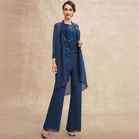 JJ's House Separates Jumpsuit Pantsuit Scoop Floor-Length Lace Chiffon Formal Dress With Sequins