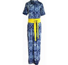 Piena Embellished Stretch Belted Maxi Dress Blue Yellow Paisley Print XS / S