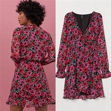 H&M Dresses | H&M Floral Chiffon Long Sleeve Mini Dress Pink Red Small | Color: Pink/Red | Size: S