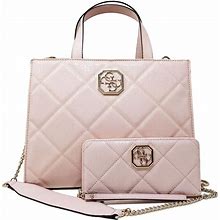 Guess Women's Light Pink Patent Quilted Large Tote Bag Handbag & Wallet Set