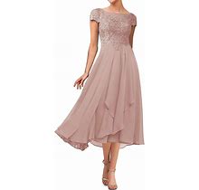 Mother Of The Bride Dresses For Wedding Lace Applique Tea Length Mother Of Groom Dress Scoop Neck Cap Sleeve