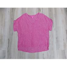 Isaac Mizrahi Shirt Women Size XL Pink Linen Short Sleeve V Neck