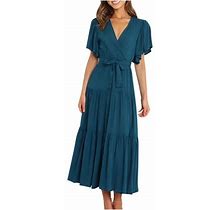 Casual Dresses For Women Solid Color Printed V Neck Short Sleeve Pleated Long Maxi Dress Ladies Beach Summer Dresses