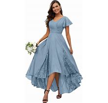 Petyoo Tea Length Mother Of The Bride Dresses For Wedding 2024 Lace Ruffle Sleeves Chiffon Ruched Bridesmaid Formal Dress