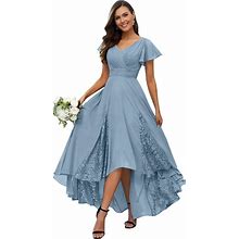Petyoo Tea Length Mother Of The Bride Dresses For Wedding 2024 Lace Ruffle Sleeves Chiffon Bridesmaid Formal Gown