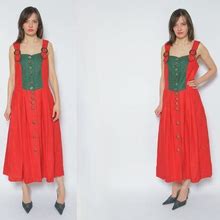 German Folk Linen Dress / Vintage 80'S Pleated Maxi Long Dress Button Sleeveless Dress - Size Large