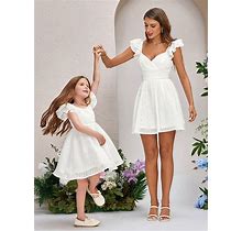 Woman's Mommy And Me, Mother And Daughter Heart Neckline With Ruffle Trim And Belted Waist Decorated Dress White Elegant Multi-Layered Ruffle Cuffs With Gathered Hem Mini Dress,M