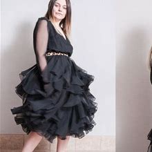 Vintage 1970'S | Black | Sheer | Ruffled Skirt | Evening | Party | Dress | M