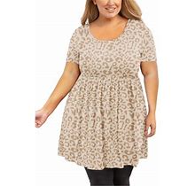 Showmall Plus Size Tunic For Women Short Sleeves Cream Leopard 1X Tops Scoop Neck Clothes Summer Flowy Maternity Clothing Shirt