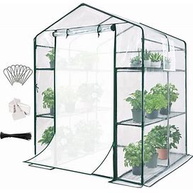 4.7X 4.7X 6.4ft Walk-In Greenhouse, Mesh Door & Windows, 3 Tiers 12 Shelves, Mini Portable Indoor Outdoor Garden Plant, Clear