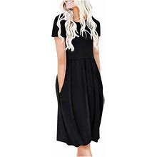 Uppada Womens Casual Midi Dress Smocked Crewneck Summer Dresses Short Sleeve Solid Daily Sundress Waisted Knee Length Shirts Clothing