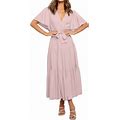 Mveomtd Summer Dress For Women Casual Ruffle Short Sleeve Dresses Wrap V Neck Dress Petite Maxi Dress Pink