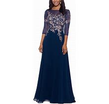 Betsy & Adam Petite Floral-Embroidered Mesh Gown - Navy/Rose - Size 6P
