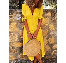 Sundress Women Half Sleeve V-Neck Solid Elegant Casual Dress Yellow/L