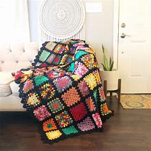 Handmade Bedding | Vintage Granny Square Black Multicolor Afghan | Color: Black | Size: Os