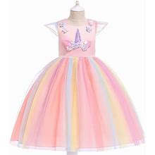 Little Girls' Dress Unicorn Rainbow Patchwork Colorful Tulle Dress | Pink | 2-3 Years