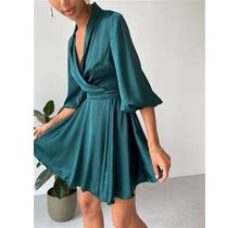 Emerald Silk Wrap Mini Dress, Special Occasion Silk Dress Wedding Guest Silk Dress Emerald Green Silk Dress With Long Sleeves