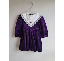 Vintage Girls Purple Velvet Dress With Long Sleeves And White V Collar With Lace By Rare Editions- Size 3T- Gently Worn- Christmas Dress-