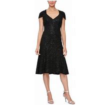 Alex Evenings Womens Black Sequined Zippered Sheer Textured Lined Floral Cap Sleeve V Neck Midi Evening Fit + Flare Dress 10